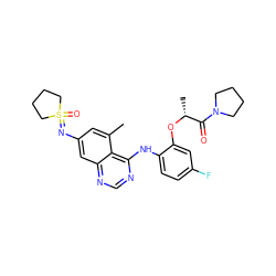 Cc1cc(N=S2(=O)CCCC2)cc2ncnc(Nc3ccc(F)cc3O[C@H](C)C(=O)N3CCCC3)c12 ZINC001772572262