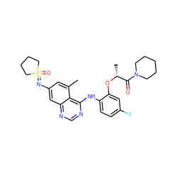 Cc1cc(N=S2(=O)CCCC2)cc2ncnc(Nc3ccc(F)cc3O[C@H](C)C(=O)N3CCCCC3)c12 ZINC001772619833