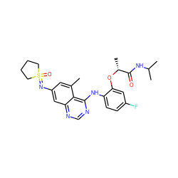 Cc1cc(N=S2(=O)CCCC2)cc2ncnc(Nc3ccc(F)cc3O[C@H](C)C(=O)NC(C)C)c12 ZINC001772603933