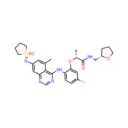 Cc1cc(N=S2(=O)CCCC2)cc2ncnc(Nc3ccc(F)cc3O[C@H](C)C(=O)NC[C@@H]3CCCO3)c12 ZINC001772636933