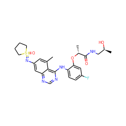 Cc1cc(N=S2(=O)CCCC2)cc2ncnc(Nc3ccc(F)cc3O[C@H](C)C(=O)NC[C@H](C)O)c12 ZINC001772644790