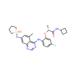 Cc1cc(N=S2(=O)CCCC2)cc2ncnc(Nc3ccc(F)cc3O[C@H](C)C(=O)NC3CCC3)c12 ZINC001772583501