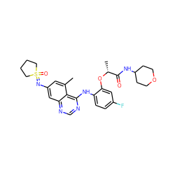 Cc1cc(N=S2(=O)CCCC2)cc2ncnc(Nc3ccc(F)cc3O[C@H](C)C(=O)NC3CCOCC3)c12 ZINC001772635577