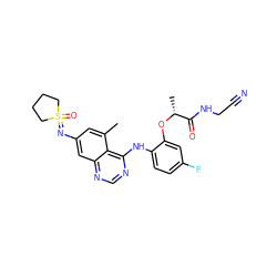 Cc1cc(N=S2(=O)CCCC2)cc2ncnc(Nc3ccc(F)cc3O[C@H](C)C(=O)NCC#N)c12 ZINC001772621366