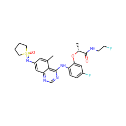 Cc1cc(N=S2(=O)CCCC2)cc2ncnc(Nc3ccc(F)cc3O[C@H](C)C(=O)NCCF)c12 ZINC001772624214