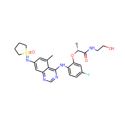 Cc1cc(N=S2(=O)CCCC2)cc2ncnc(Nc3ccc(F)cc3O[C@H](C)C(=O)NCCO)c12 ZINC001772628434