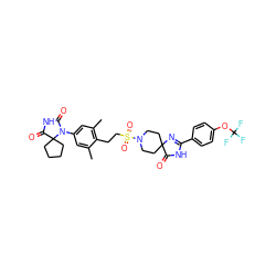 Cc1cc(N2C(=O)NC(=O)C23CCCC3)cc(C)c1CCS(=O)(=O)N1CCC2(CC1)N=C(c1ccc(OC(F)(F)F)cc1)NC2=O ZINC000209476726