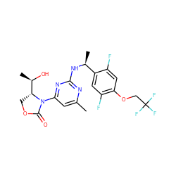 Cc1cc(N2C(=O)OC[C@@H]2[C@@H](C)O)nc(N[C@@H](C)c2cc(F)c(OCC(F)(F)F)cc2F)n1 ZINC000221675087