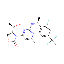 Cc1cc(N2C(=O)OC[C@@H]2[C@@H](C)O)nc(N[C@@H](C)c2ccc(C(C)(F)F)cc2F)n1 ZINC000221674921