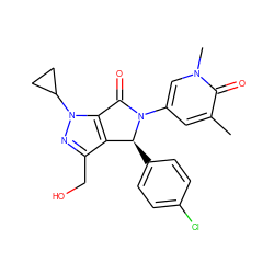 Cc1cc(N2C(=O)c3c(c(CO)nn3C3CC3)[C@@H]2c2ccc(Cl)cc2)cn(C)c1=O ZINC000261172534