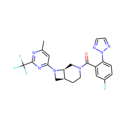 Cc1cc(N2C[C@@H]3CCN(C(=O)c4cc(F)ccc4-n4nccn4)C[C@@H]32)nc(C(F)(F)F)n1 ZINC000145725155