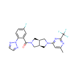 Cc1cc(N2C[C@H]3CN(C(=O)c4cc(F)ccc4-n4nccn4)C[C@H]3C2)nc(C(F)(F)F)n1 ZINC000116822888