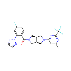 Cc1cc(N2C[C@H]3CN(C(=O)c4ccc(F)cc4-n4nccn4)C[C@H]3C2)nc(C(F)(F)F)n1 ZINC000167272289