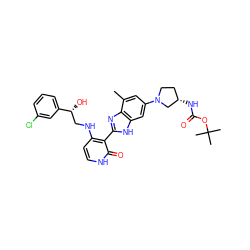 Cc1cc(N2CC[C@H](NC(=O)OC(C)(C)C)C2)cc2[nH]c(-c3c(NC[C@@H](O)c4cccc(Cl)c4)cc[nH]c3=O)nc12 ZINC000049777737