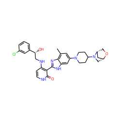 Cc1cc(N2CCC(N3C[C@@H]4C[C@H]3CO4)CC2)cc2[nH]c(-c3c(NC[C@@H](O)c4cccc(Cl)c4)cc[nH]c3=O)nc12 ZINC000049780499