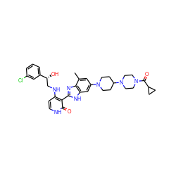 Cc1cc(N2CCC(N3CCN(C(=O)C4CC4)CC3)CC2)cc2[nH]c(-c3c(NC[C@@H](O)c4cccc(Cl)c4)cc[nH]c3=O)nc12 ZINC000042850972