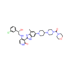 Cc1cc(N2CCC(N3CCN(C(=O)N4CCOCC4)CC3)CC2)cc2[nH]c(-c3c(NC[C@@H](O)c4cccc(Cl)c4)cc[nH]c3=O)nc12 ZINC000049844787