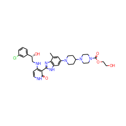 Cc1cc(N2CCC(N3CCN(C(=O)OCCO)CC3)CC2)cc2[nH]c(-c3c(NC[C@@H](O)c4cccc(Cl)c4)cc[nH]c3=O)nc12 ZINC000049898167