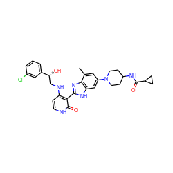 Cc1cc(N2CCC(NC(=O)C3CC3)CC2)cc2[nH]c(-c3c(NC[C@@H](O)c4cccc(Cl)c4)cc[nH]c3=O)nc12 ZINC000049867397