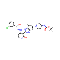 Cc1cc(N2CCC(NC(=O)OC(C)(C)C)CC2)cc2[nH]c(-c3c(NC[C@@H](O)c4cccc(Cl)c4)cc[nH]c3=O)nc12 ZINC000049852130