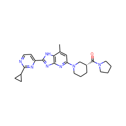 Cc1cc(N2CCC[C@@H](C(=O)N3CCCC3)C2)nc2nc(-c3ccnc(C4CC4)n3)[nH]c12 ZINC000221405799