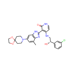 Cc1cc(N2CCC3(CC2)OCCO3)cc2[nH]c(-c3c(NC[C@@H](O)c4cccc(Cl)c4)cc[nH]c3=O)nc12 ZINC000049872045