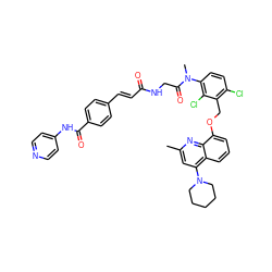 Cc1cc(N2CCCCC2)c2cccc(OCc3c(Cl)ccc(N(C)C(=O)CNC(=O)/C=C/c4ccc(C(=O)Nc5ccncc5)cc4)c3Cl)c2n1 ZINC000026640873