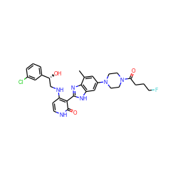 Cc1cc(N2CCN(C(=O)CCCF)CC2)cc2[nH]c(-c3c(NC[C@@H](O)c4cccc(Cl)c4)cc[nH]c3=O)nc12 ZINC000049784032