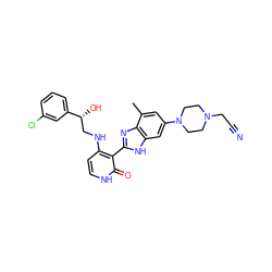 Cc1cc(N2CCN(CC#N)CC2)cc2[nH]c(-c3c(NC[C@@H](O)c4cccc(Cl)c4)cc[nH]c3=O)nc12 ZINC000049088922