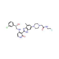 Cc1cc(N2CCN(CC(=O)NCCF)CC2)cc2[nH]c(-c3c(NC[C@@H](O)c4cccc(Cl)c4)cc[nH]c3=O)nc12 ZINC000049784464