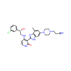 Cc1cc(N2CCN(CCC#N)CC2)cc2[nH]c(-c3c(NC[C@@H](O)c4cccc(Cl)c4)cc[nH]c3=O)nc12 ZINC000049784857