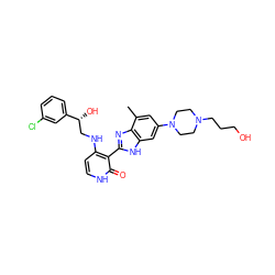 Cc1cc(N2CCN(CCCO)CC2)cc2[nH]c(-c3c(NC[C@@H](O)c4cccc(Cl)c4)cc[nH]c3=O)nc12 ZINC000049784095