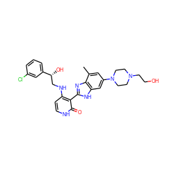 Cc1cc(N2CCN(CCO)CC2)cc2[nH]c(-c3c(NC[C@@H](O)c4cccc(Cl)c4)cc[nH]c3=O)nc12 ZINC000043052567