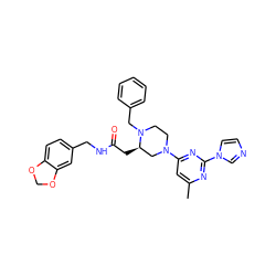 Cc1cc(N2CCN(Cc3ccccc3)[C@H](CC(=O)NCc3ccc4c(c3)OCO4)C2)nc(-n2ccnc2)n1 ZINC000035272743