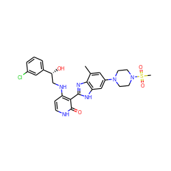 Cc1cc(N2CCN(S(C)(=O)=O)CC2)cc2[nH]c(-c3c(NC[C@@H](O)c4cccc(Cl)c4)cc[nH]c3=O)nc12 ZINC000049783976