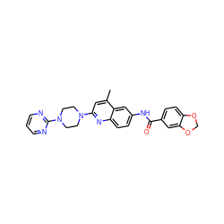 Cc1cc(N2CCN(c3ncccn3)CC2)nc2ccc(NC(=O)c3ccc4c(c3)OCO4)cc12 ZINC000003650102