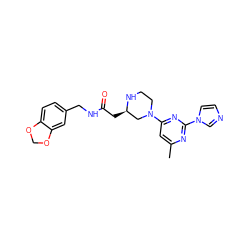 Cc1cc(N2CCN[C@H](CC(=O)NCc3ccc4c(c3)OCO4)C2)nc(-n2ccnc2)n1 ZINC000035272731