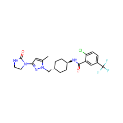 Cc1cc(N2CCNC2=O)nn1C[C@H]1CC[C@H](NC(=O)c2cc(C(F)(F)F)ccc2Cl)CC1 ZINC000261137779