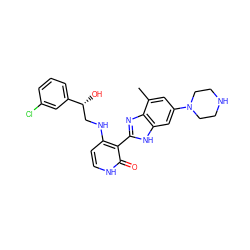 Cc1cc(N2CCNCC2)cc2[nH]c(-c3c(NC[C@@H](O)c4cccc(Cl)c4)cc[nH]c3=O)nc12 ZINC000049088880