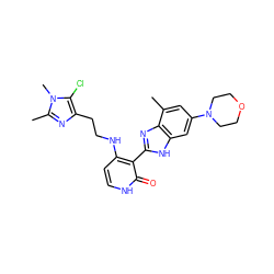Cc1cc(N2CCOCC2)cc2[nH]c(-c3c(NCCc4nc(C)n(C)c4Cl)cc[nH]c3=O)nc12 ZINC000029040927
