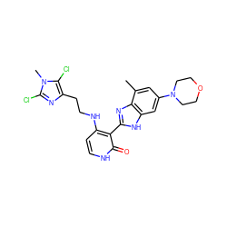 Cc1cc(N2CCOCC2)cc2[nH]c(-c3c(NCCc4nc(Cl)n(C)c4Cl)cc[nH]c3=O)nc12 ZINC000029040931