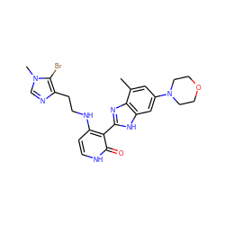 Cc1cc(N2CCOCC2)cc2[nH]c(-c3c(NCCc4ncn(C)c4Br)cc[nH]c3=O)nc12 ZINC000029040909