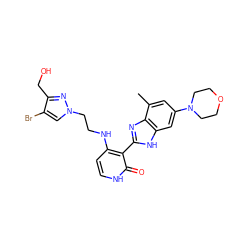 Cc1cc(N2CCOCC2)cc2[nH]c(-c3c(NCCn4cc(Br)c(CO)n4)cc[nH]c3=O)nc12 ZINC000029040948