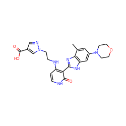 Cc1cc(N2CCOCC2)cc2[nH]c(-c3c(NCCn4cc(C(=O)O)cn4)cc[nH]c3=O)nc12 ZINC000049067219