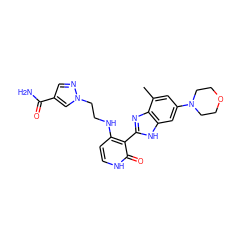 Cc1cc(N2CCOCC2)cc2[nH]c(-c3c(NCCn4cc(C(N)=O)cn4)cc[nH]c3=O)nc12 ZINC000049070618