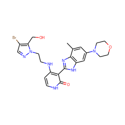 Cc1cc(N2CCOCC2)cc2[nH]c(-c3c(NCCn4ncc(Br)c4CO)cc[nH]c3=O)nc12 ZINC000029040950