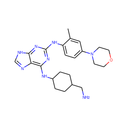 Cc1cc(N2CCOCC2)ccc1Nc1nc(NC2CCC(CN)CC2)c2nc[nH]c2n1 ZINC000084669203