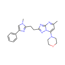 Cc1cc(N2CCOCC2)n2nc(CCc3nc(-c4ccccc4)cn3C)nc2n1 ZINC000117242282