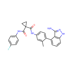 Cc1cc(NC(=O)C2(C(=O)Nc3ccc(F)cc3)CC2)ccc1-c1cccc2[nH]nc(N)c12 ZINC000299859256