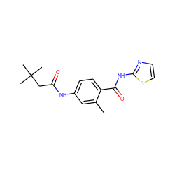 Cc1cc(NC(=O)CC(C)(C)C)ccc1C(=O)Nc1nccs1 ZINC000038305285